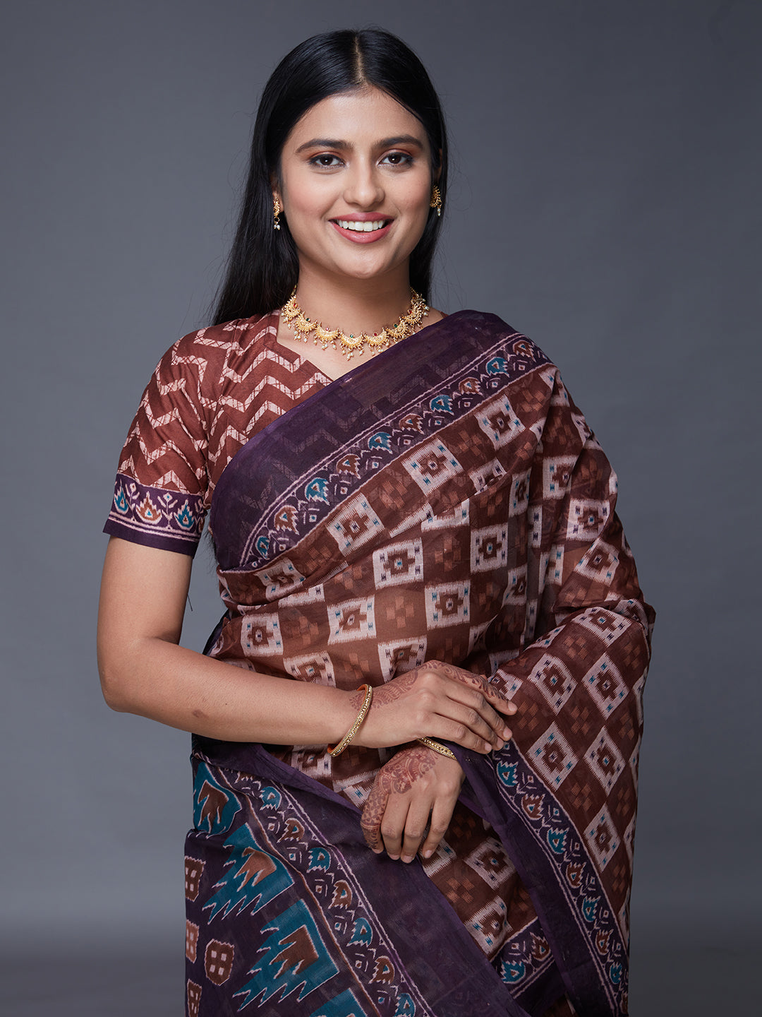 DIMPLE Brown Printed Pure Cotton Saree
