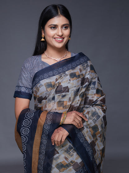 KASHMIRA Beige Printed Pure Cotton Saree
