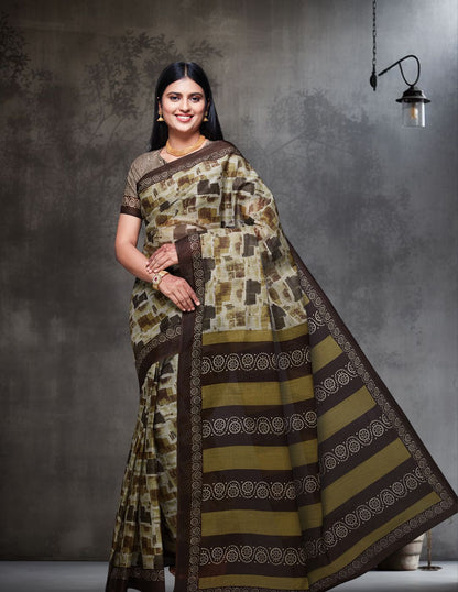 KASHMIRA Olive Printed Pure Cotton Saree