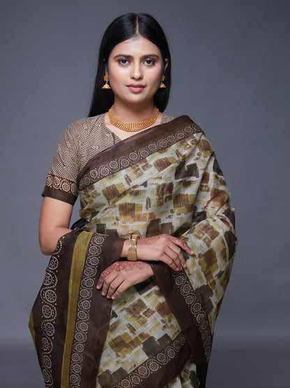 KASHMIRA Olive Printed Pure Cotton Saree
