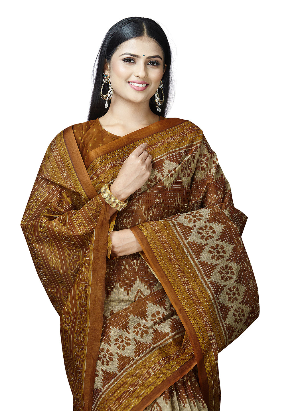 MRIGNAYANEE Mustard Printed Pure Cotton Saree