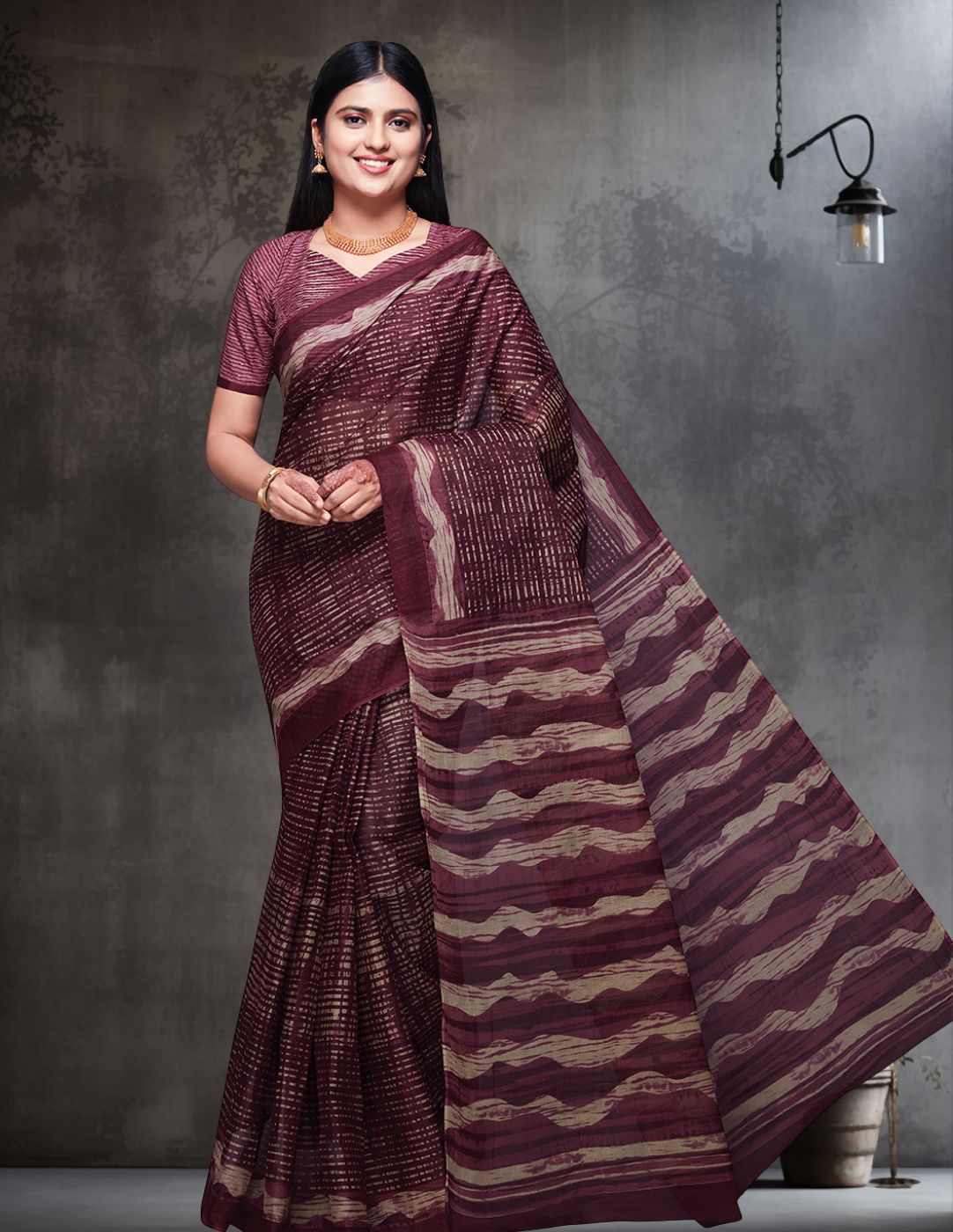 KASHMIRA Burgundy Printed Pure Cotton Saree