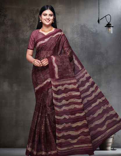 KASHMIRA Burgundy Printed Pure Cotton Saree