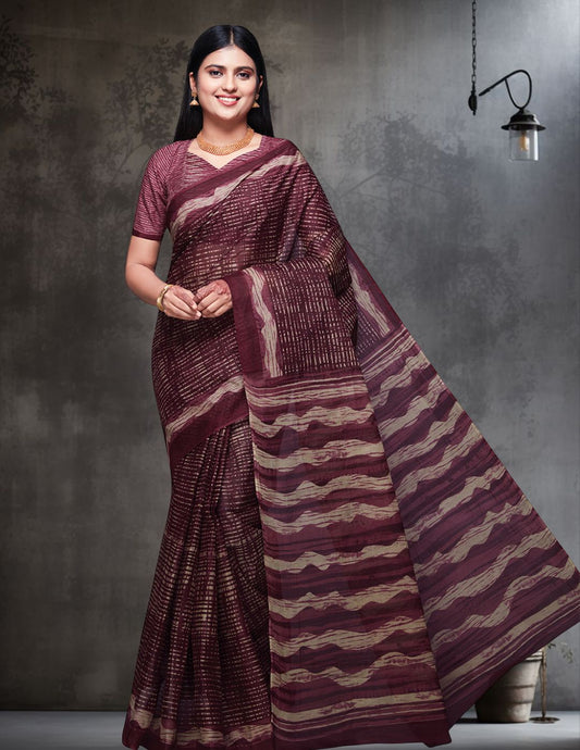 KASHMIRA Burgundy Printed Pure Cotton Saree
