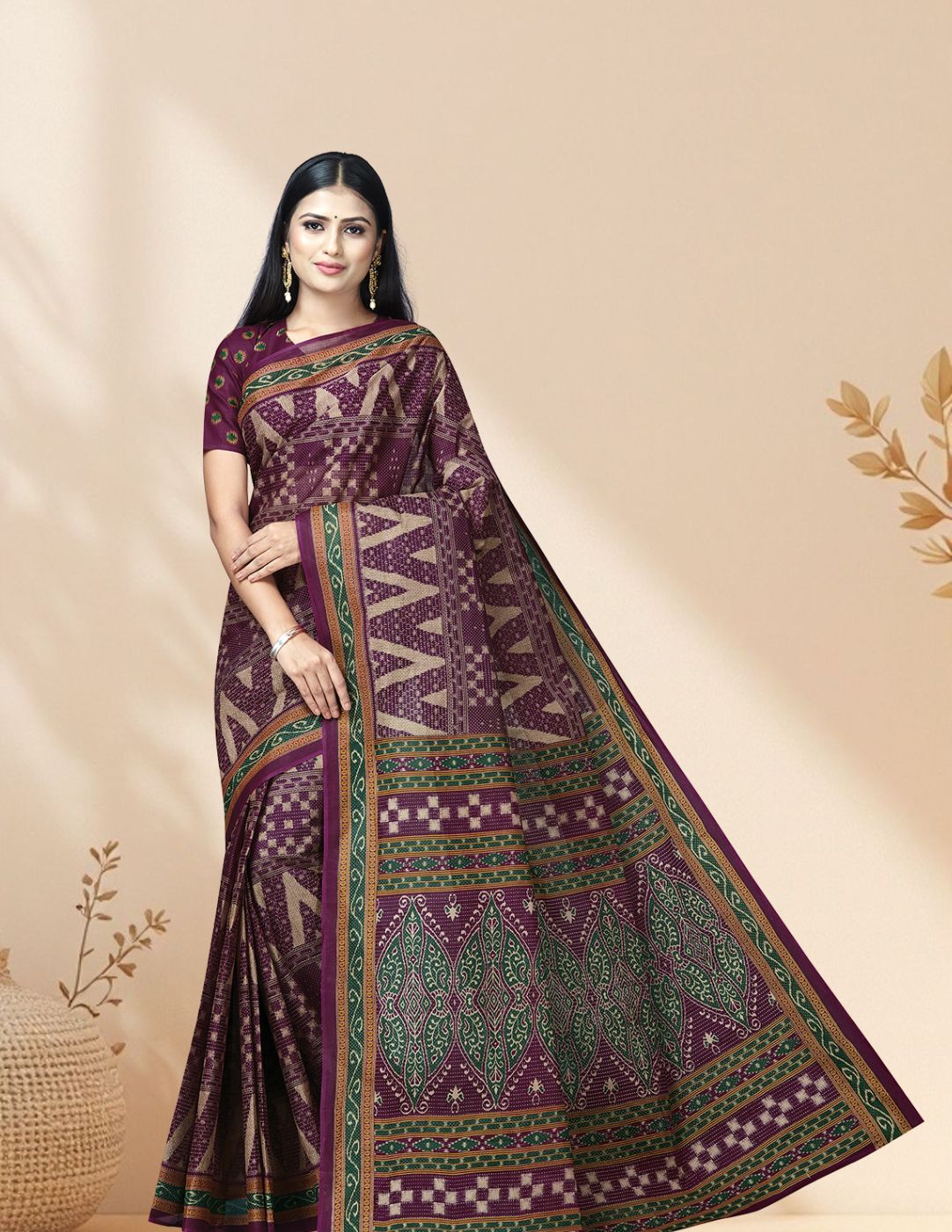 MRIGNAYANEE Purple Printed Pure Cotton Saree