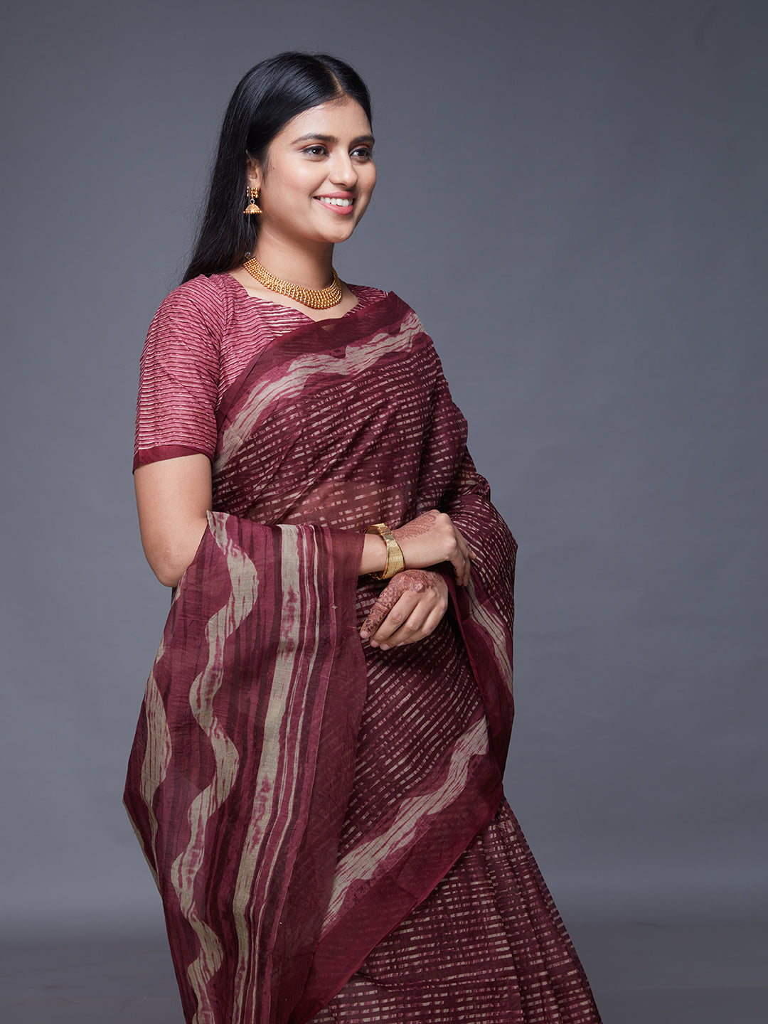 KASHMIRA Burgundy Printed Pure Cotton Saree
