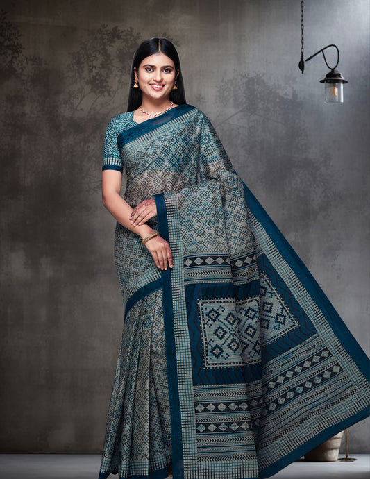 KASHMIRA Grey Printed Pure Cotton Saree