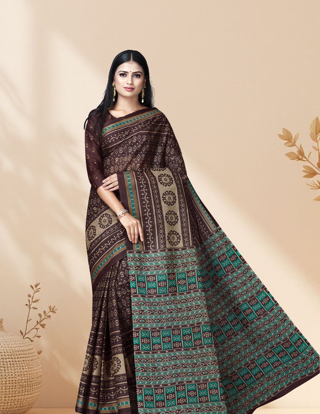 MRIGNAYANEE Brown Printed Pure Cotton Saree