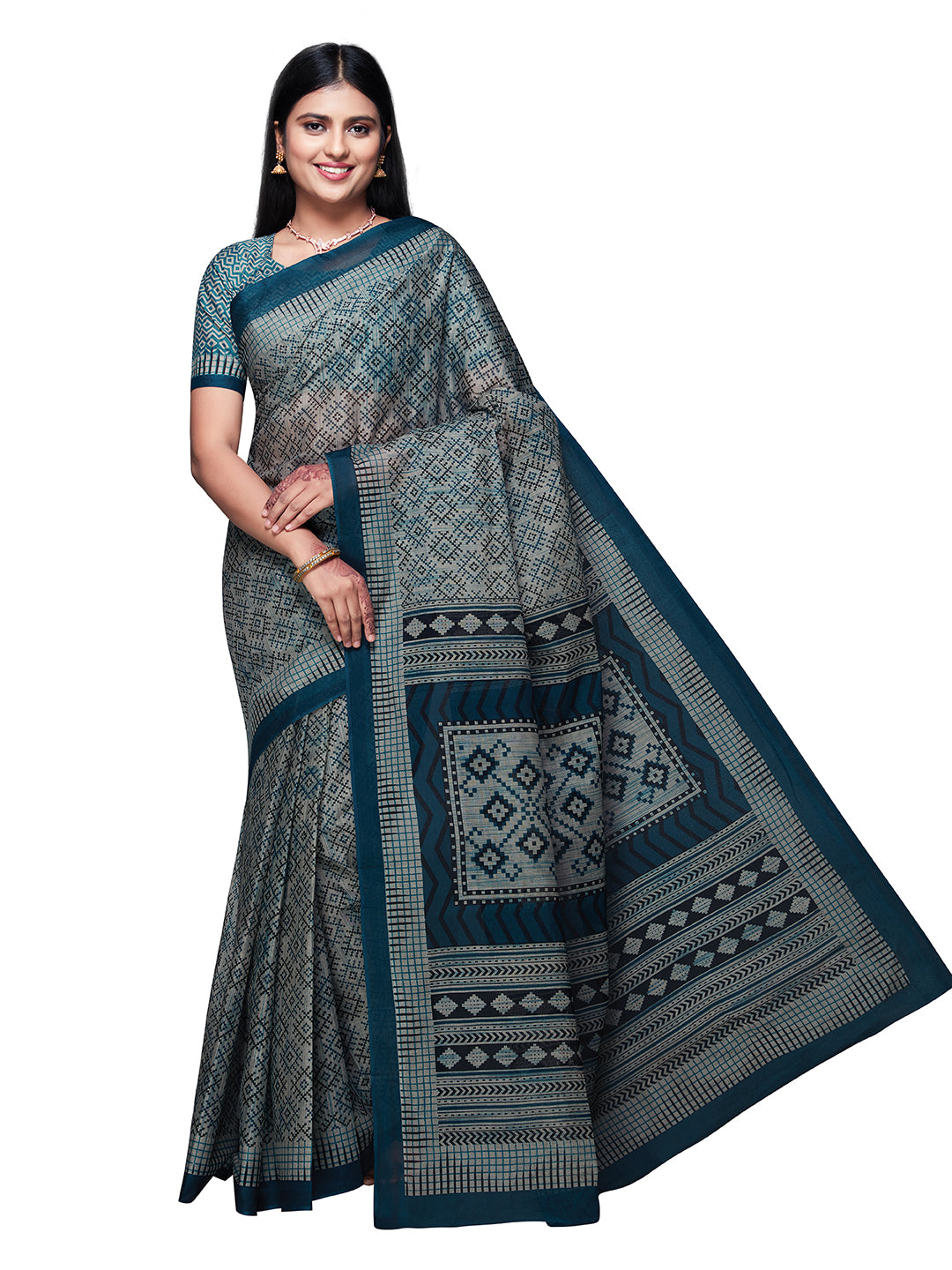 KASHMIRA Grey Printed Pure Cotton Saree