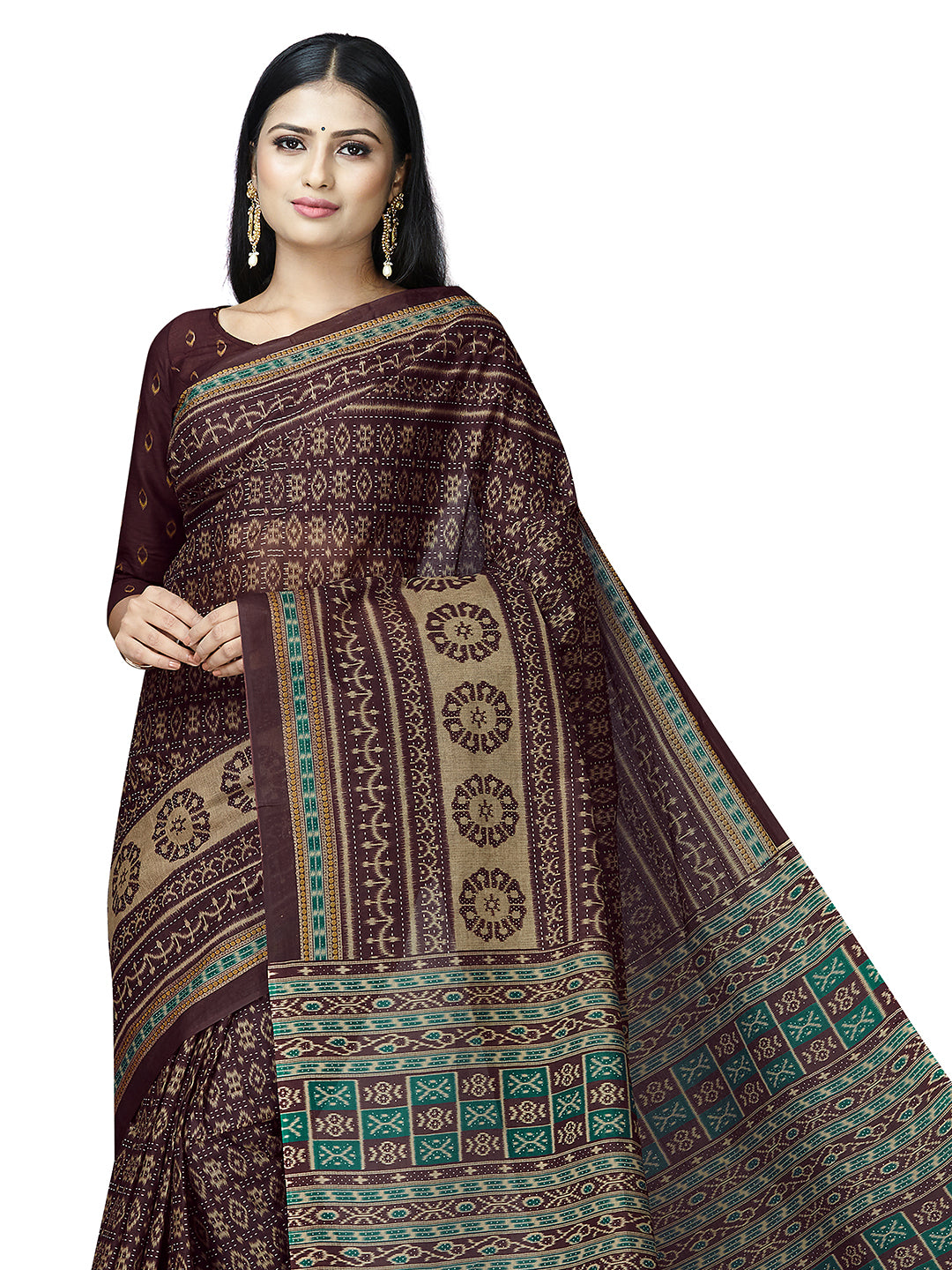 MRIGNAYANEE Brown Printed Pure Cotton Saree