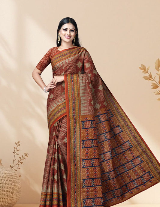 MRIGNAYANEE Rust Printed Pure Cotton Saree