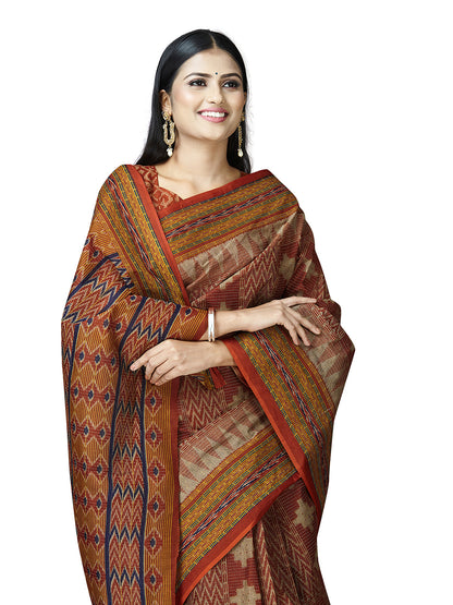 MRIGNAYANEE Rust Printed Pure Cotton Saree