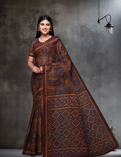 KASHMIRA Brown Printed Pure Cotton Saree