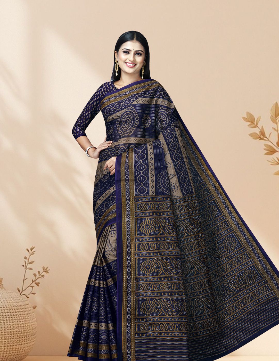 MRIGNAYANEE Blue Printed Pure Cotton Saree