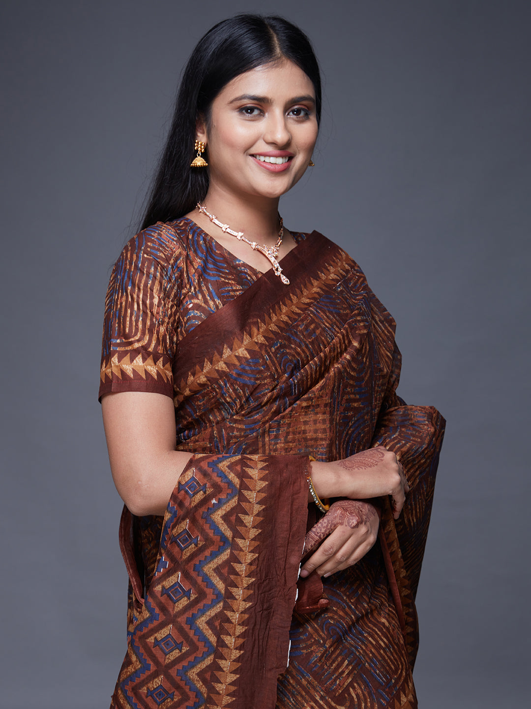 KASHMIRA Brown Printed Pure Cotton Saree