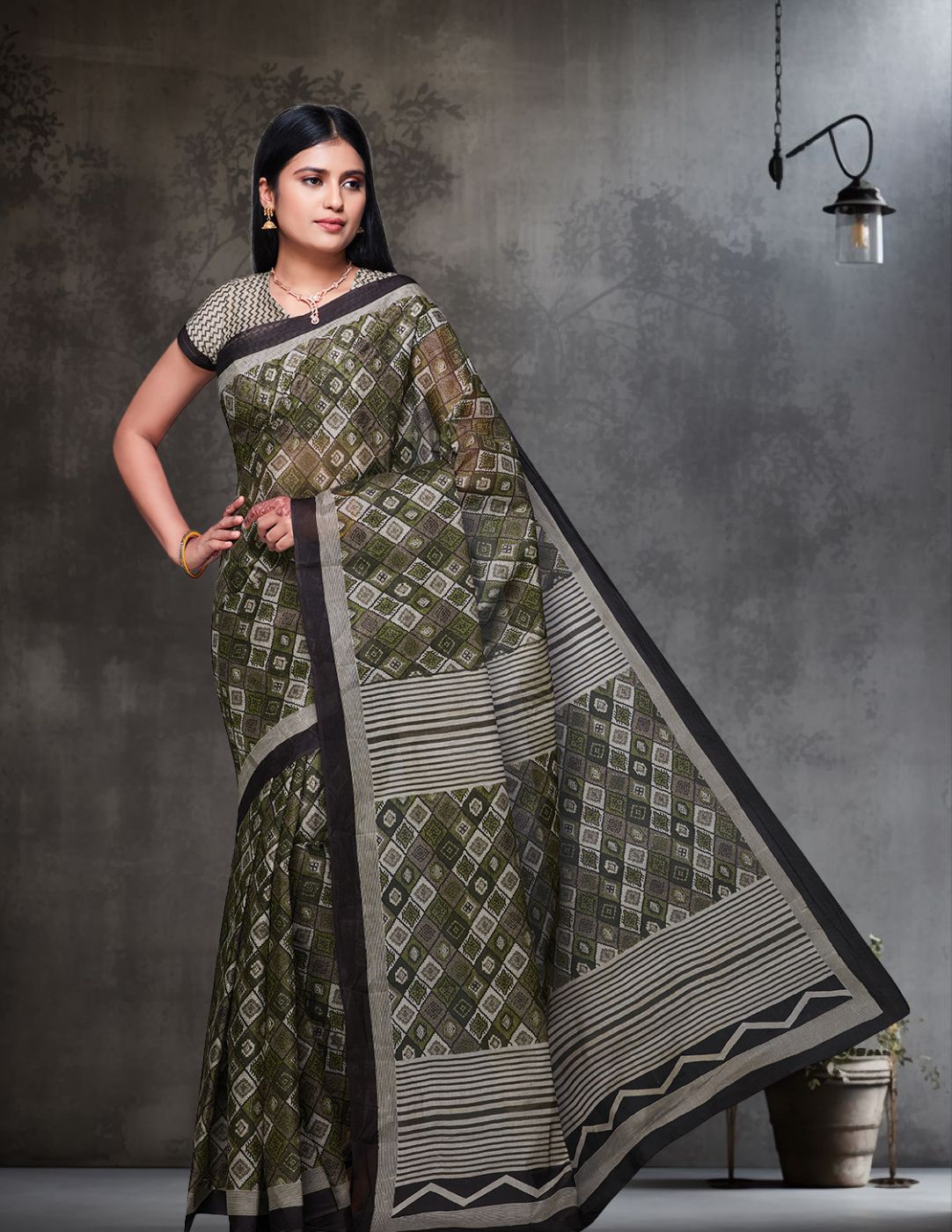 KASHMIRA Olive Printed Pure Cotton Saree