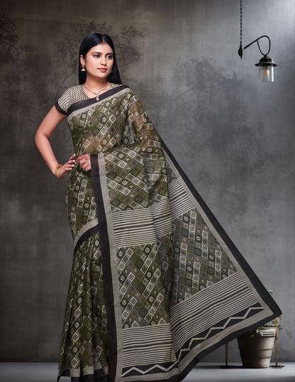 KASHMIRA Olive Printed Pure Cotton Saree