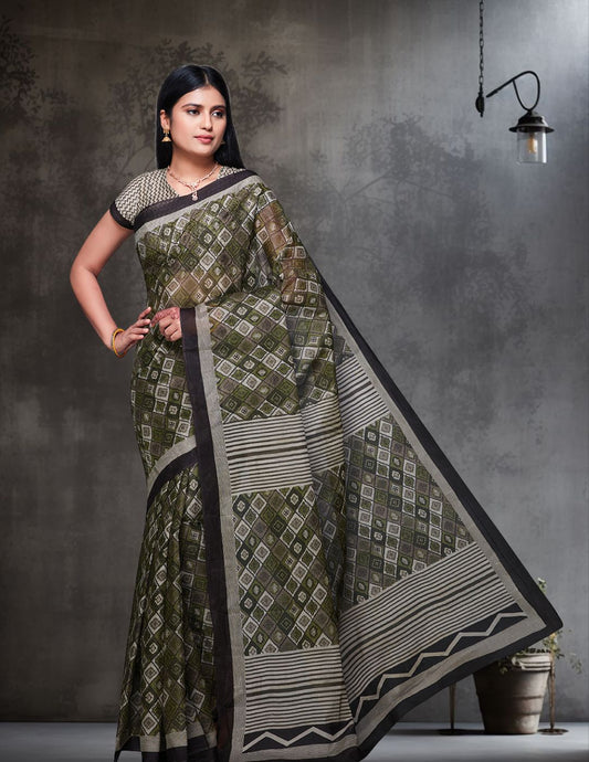 KASHMIRA Olive Printed Pure Cotton Saree