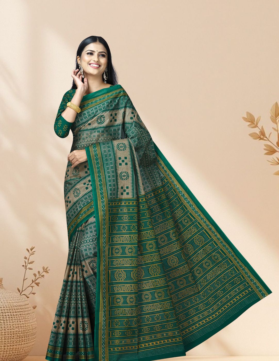 MRIGNAYANEE Green Printed Pure Cotton Saree