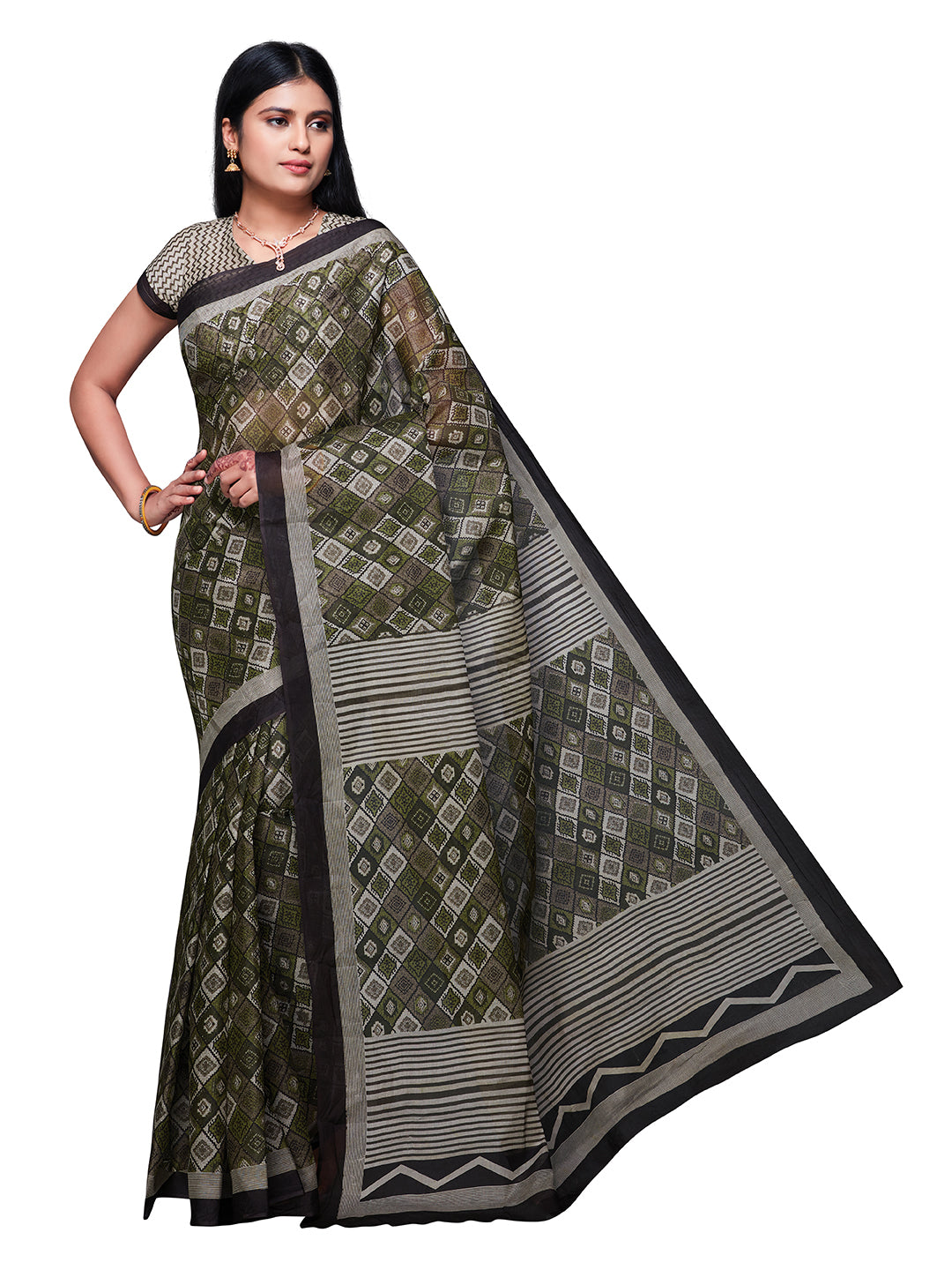KASHMIRA Olive Printed Pure Cotton Saree