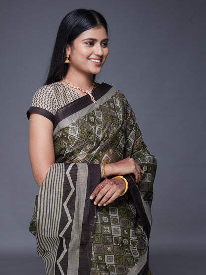 KASHMIRA Olive Printed Pure Cotton Saree