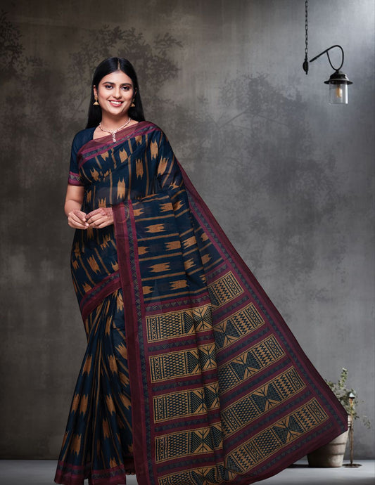 KASHMIRA Navy Blue Printed Pure Cotton Saree