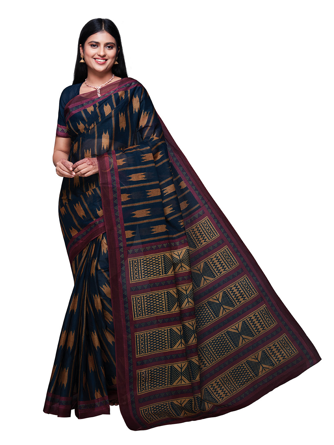 KASHMIRA Navy Blue Printed Pure Cotton Saree