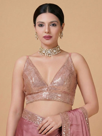 Rose Gold Georgette Plunging V-Neck Sequin Sleeveless Blouse