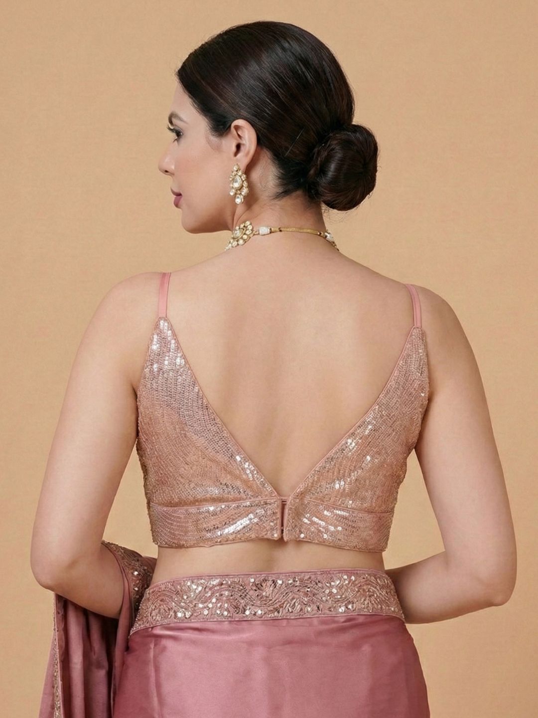 Rose Gold Georgette Plunging V-Neck Sequin Sleeveless Blouse