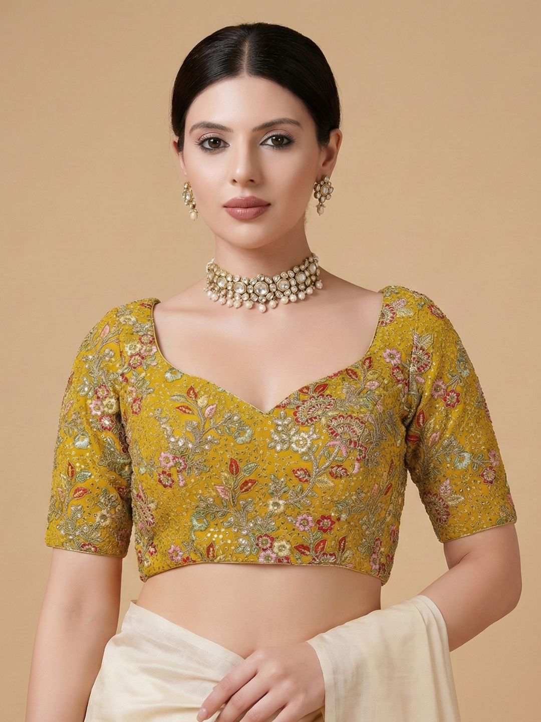 Yellow Georgette Sweetheart Neck Readymade Blouse