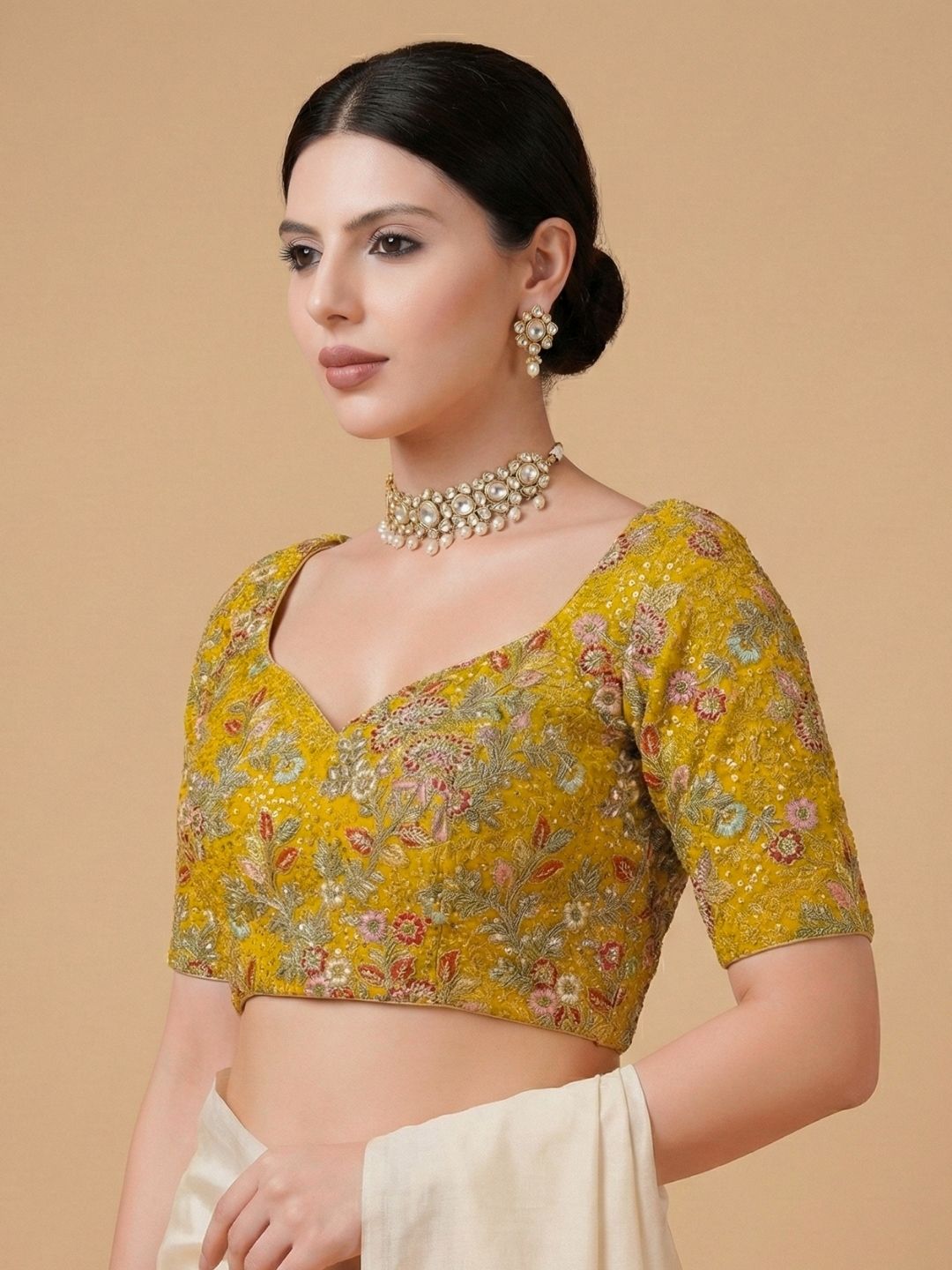 Yellow Georgette Sweetheart Neck Readymade Blouse