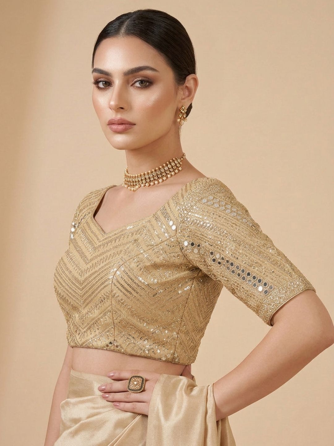 Gold Tissue Sweetheart Neck Saree Blouse