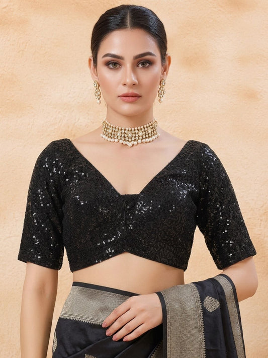 Black Sequinned V Neck Saree Blouse