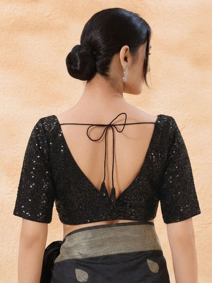 Black Sequinned V Neck Saree Blouse
