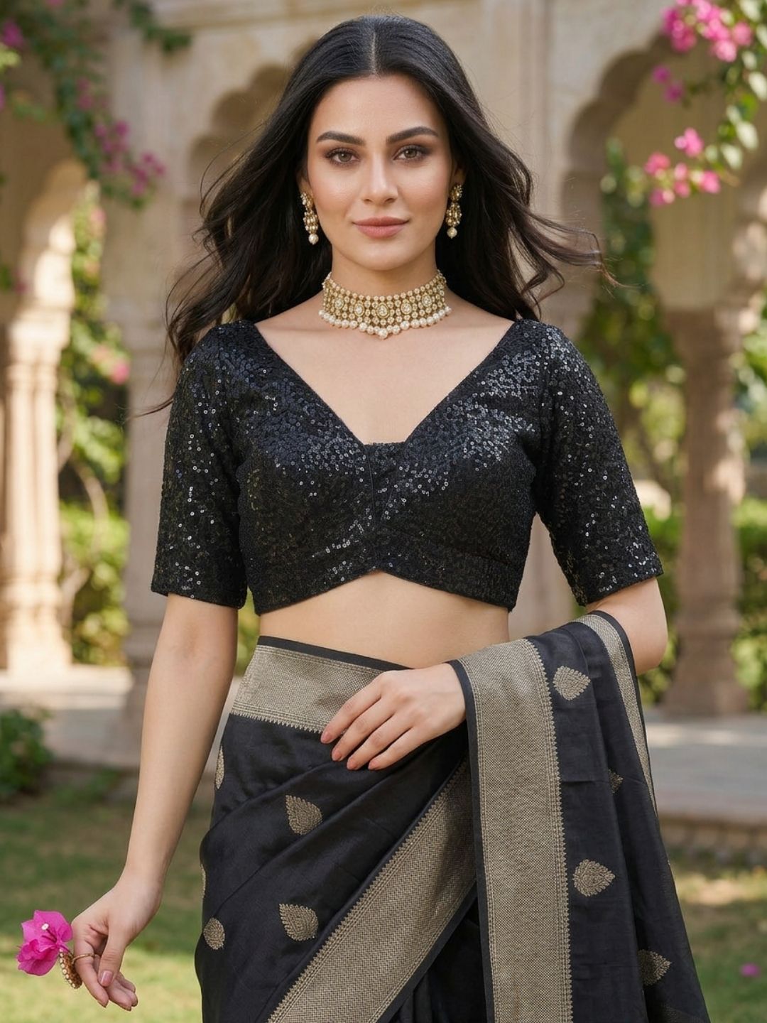 Black Sequinned V Neck Saree Blouse