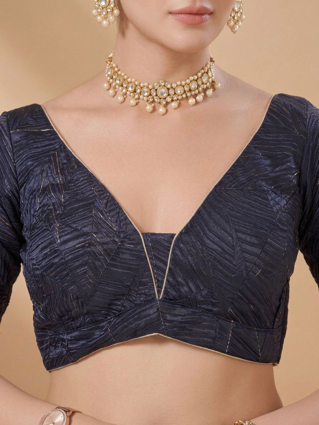 Navy Blue Satin V Neck Saree Blouse