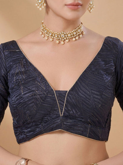 Navy Blue Satin V Neck Saree Blouse