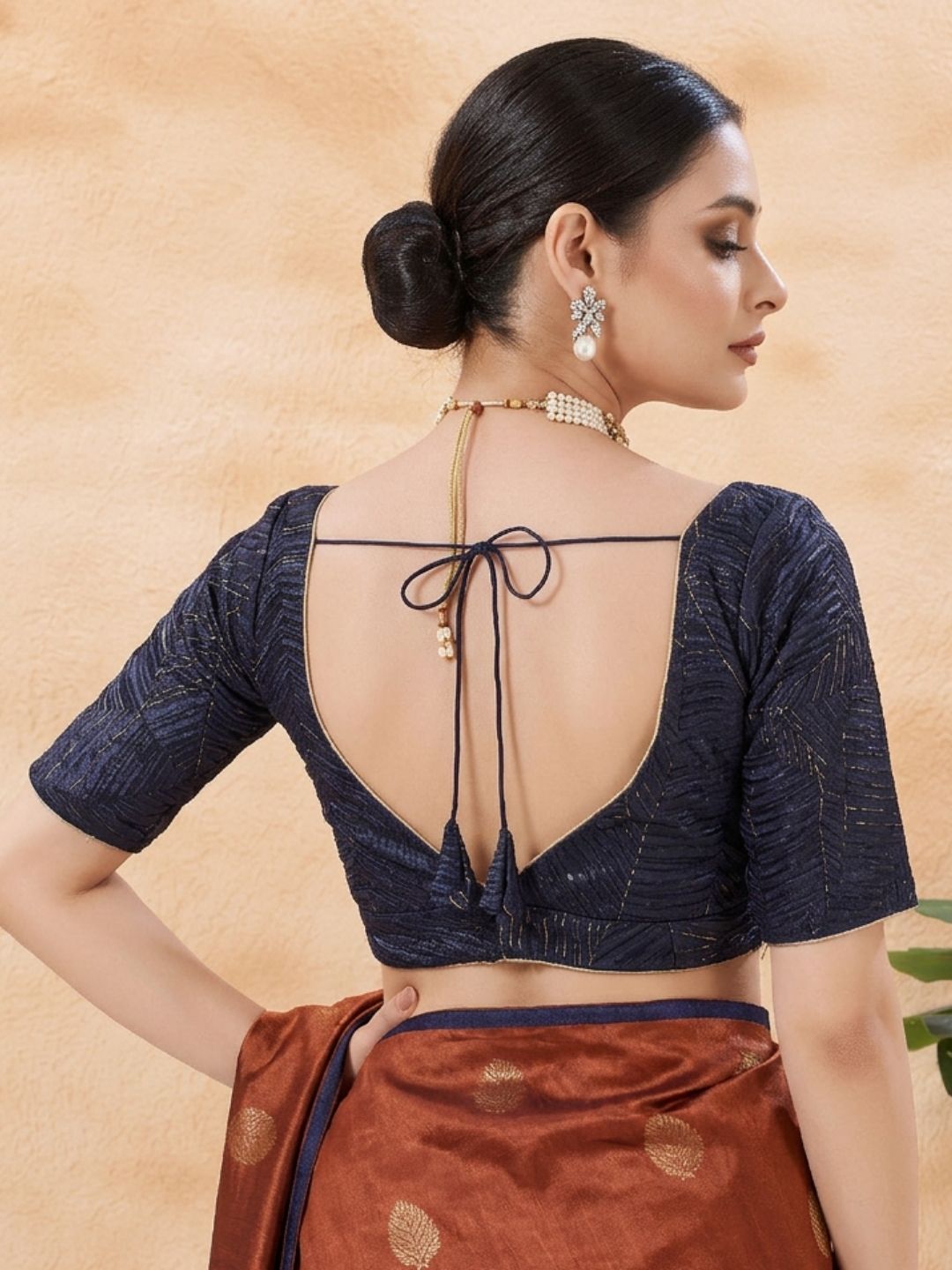 Navy Blue Satin V Neck Saree Blouse