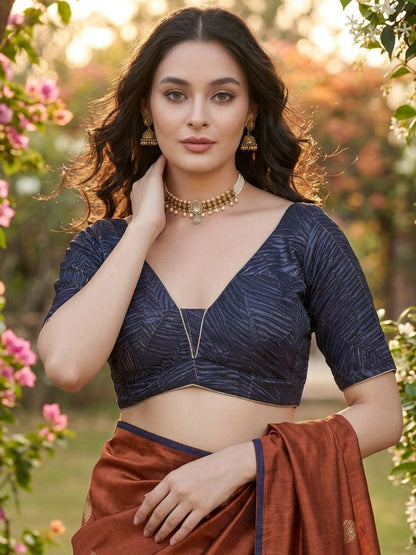 Navy Blue Satin V Neck Saree Blouse