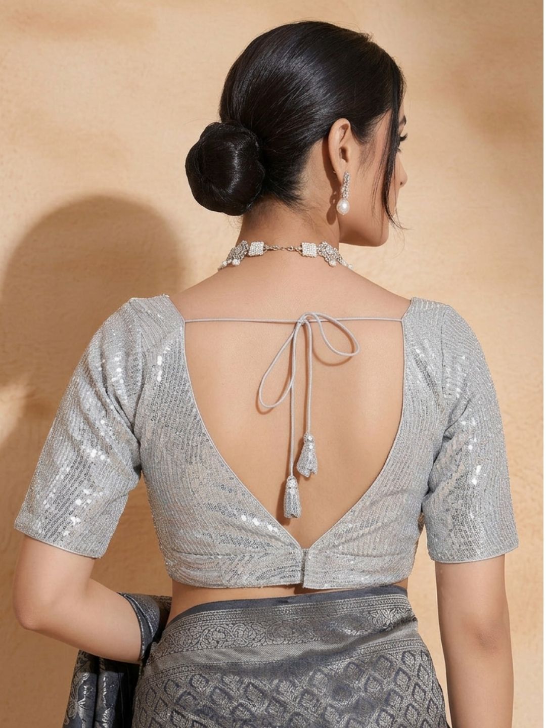 Silver Sequinned V Neck Saree Blouse