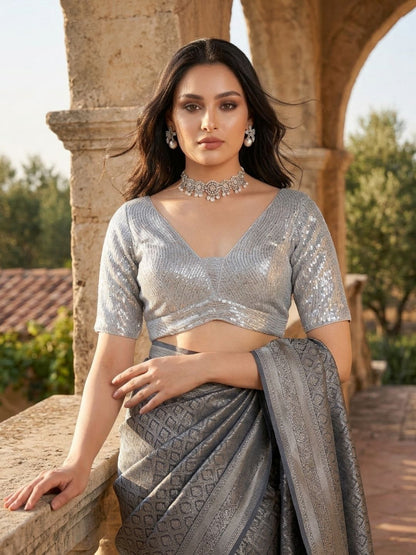 Silver Sequinned V Neck Saree Blouse