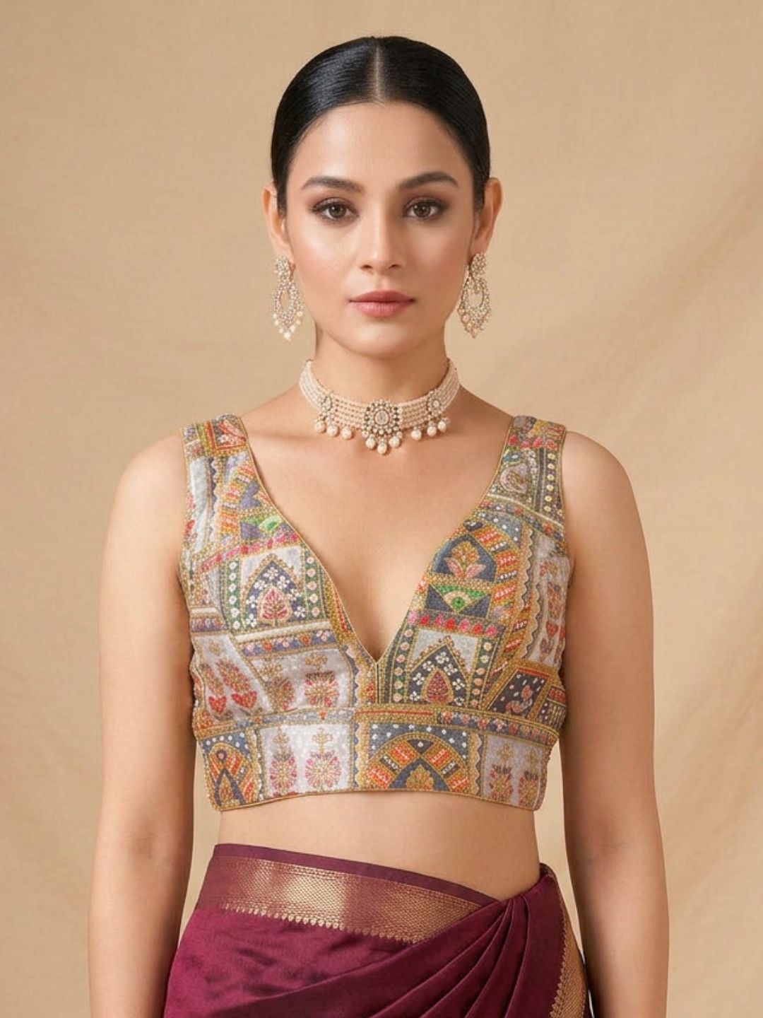 Grey Silk Embroidered V Neck Saree Blouse
