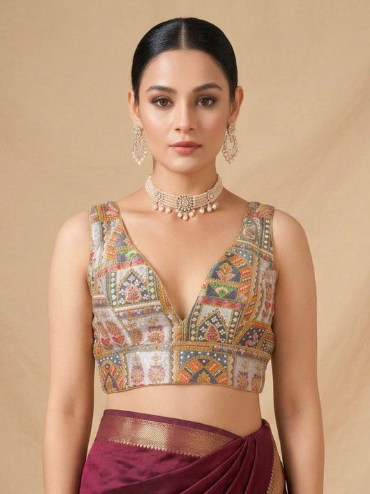 Grey Silk Embroidered V Neck Saree Blouse