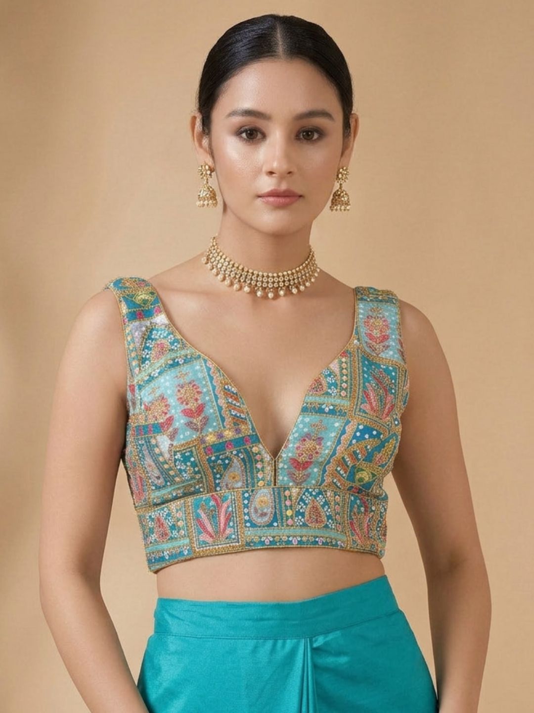 Blue Silk Embroidered V Neck Saree Blouse