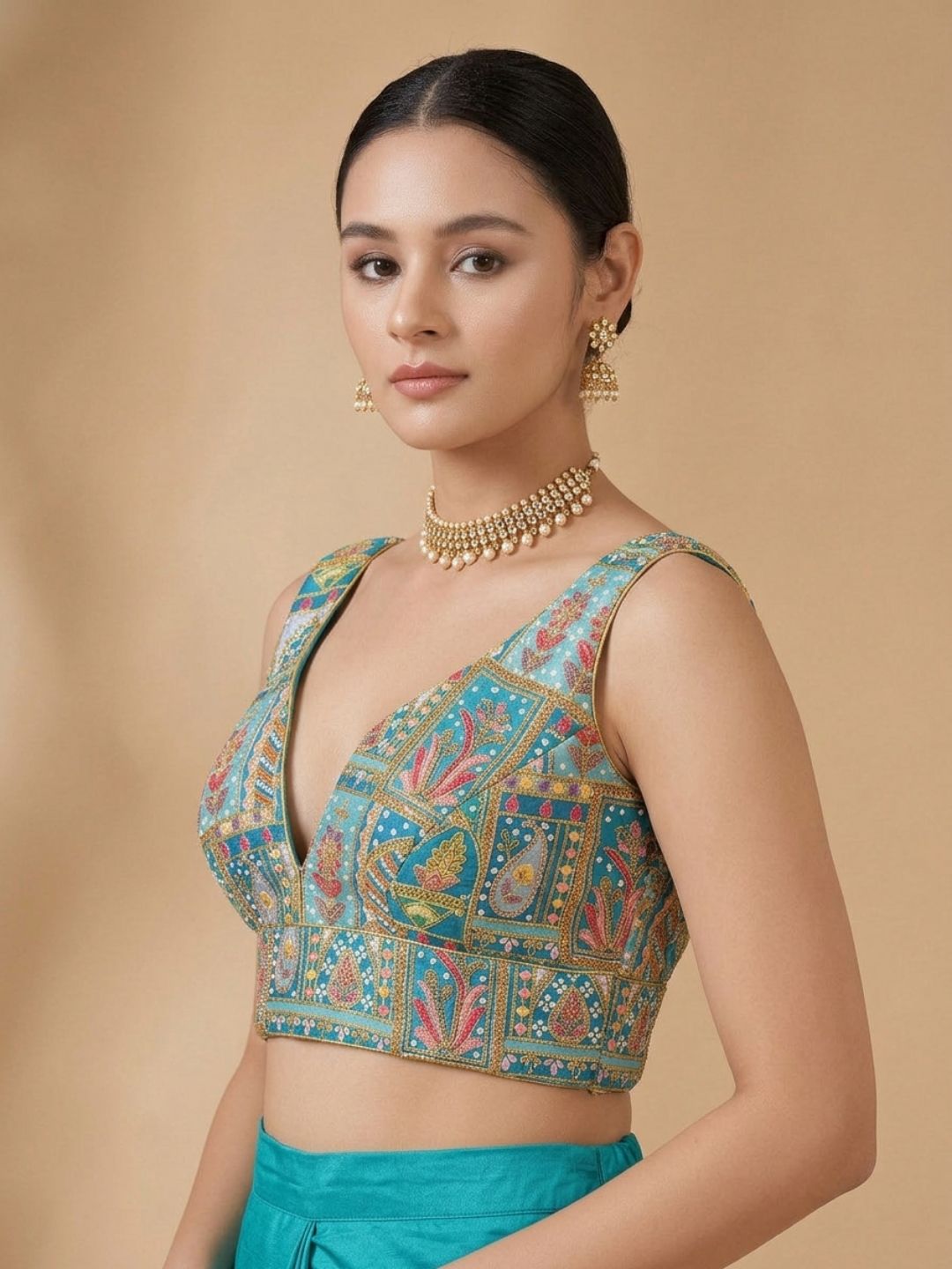 Blue Silk Embroidered V Neck Saree Blouse