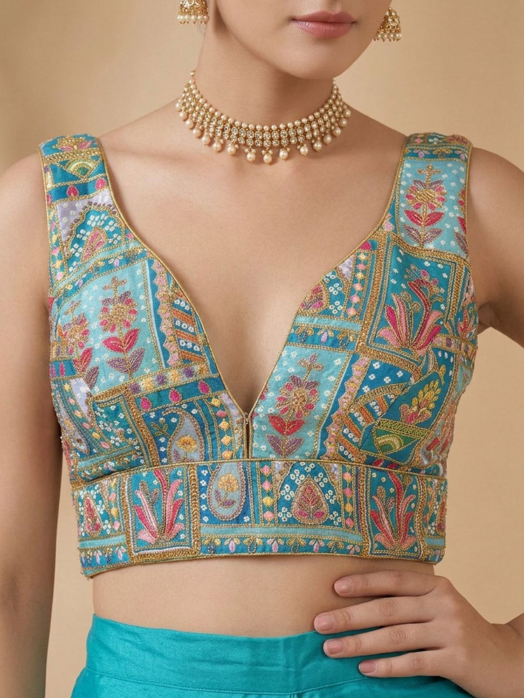 Blue Silk Embroidered V Neck Saree Blouse