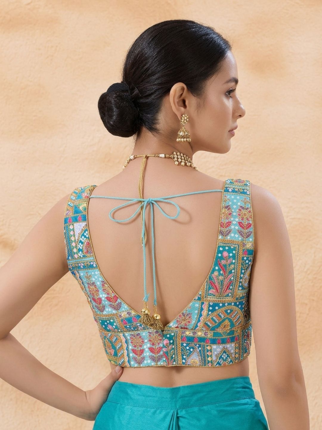 Blue Silk Embroidered V Neck Saree Blouse