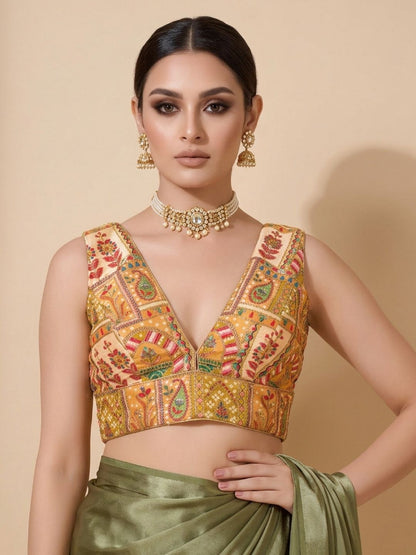 Yellow Silk Embroidered V Neck Saree Blouse