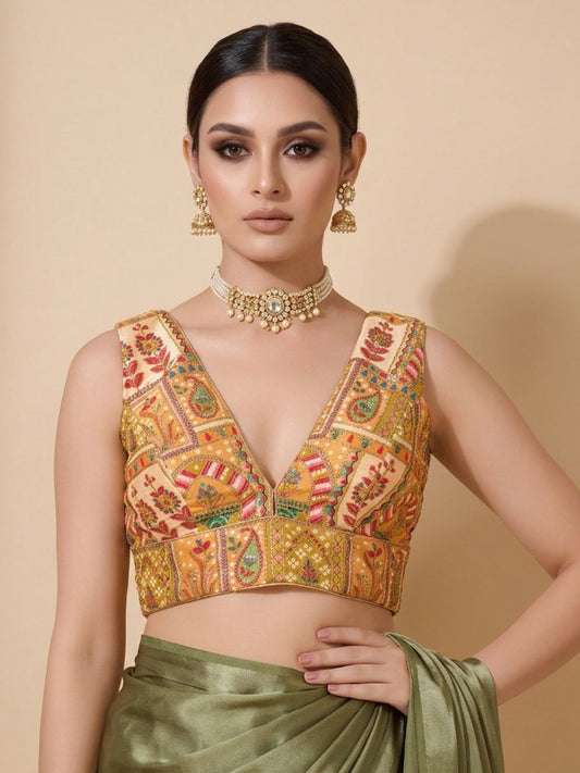 Yellow Silk Embroidered V Neck Saree Blouse