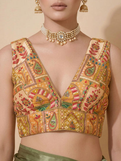 Yellow Silk Embroidered V Neck Saree Blouse